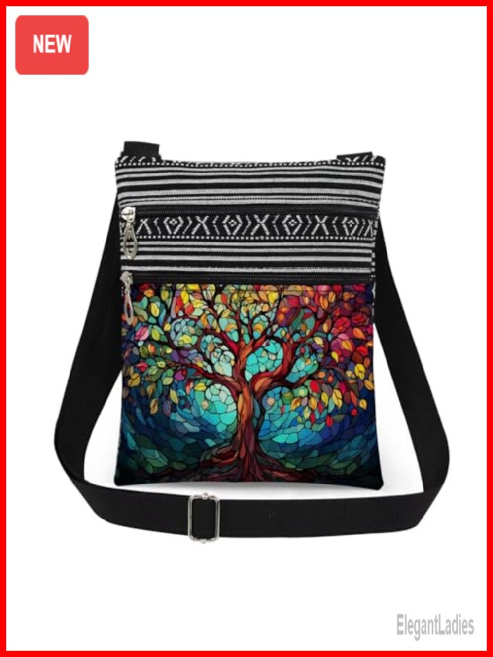 Tree of Life Crossbody Bag Polyester Adjustable Strap Double Zipper